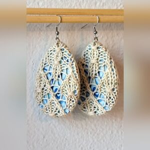 Oval Knit Earrings White Hand Dyed Yarn Blue Yellow Cotton
